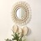 Hanging Wall Mirror-Boho Macrame Fringe Round Decorative Mirror with Wood Beads Feather Pendant,Art Ornament for Apartment Home Bedroom Living Room